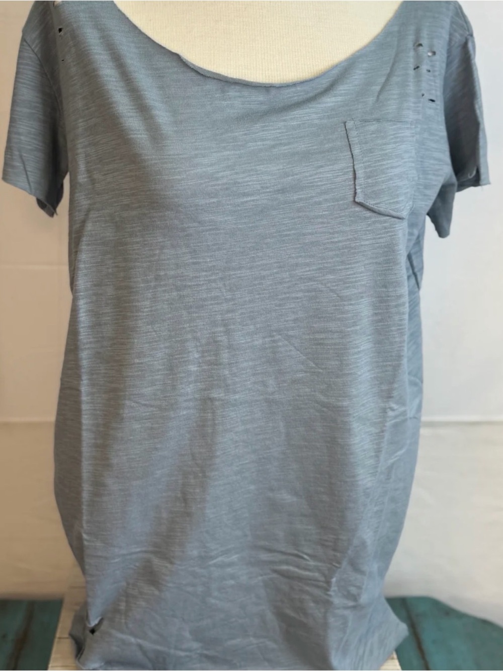A Rare Bird Distressed Rip Tattered Tee Gray Pocket Top S/M NWT